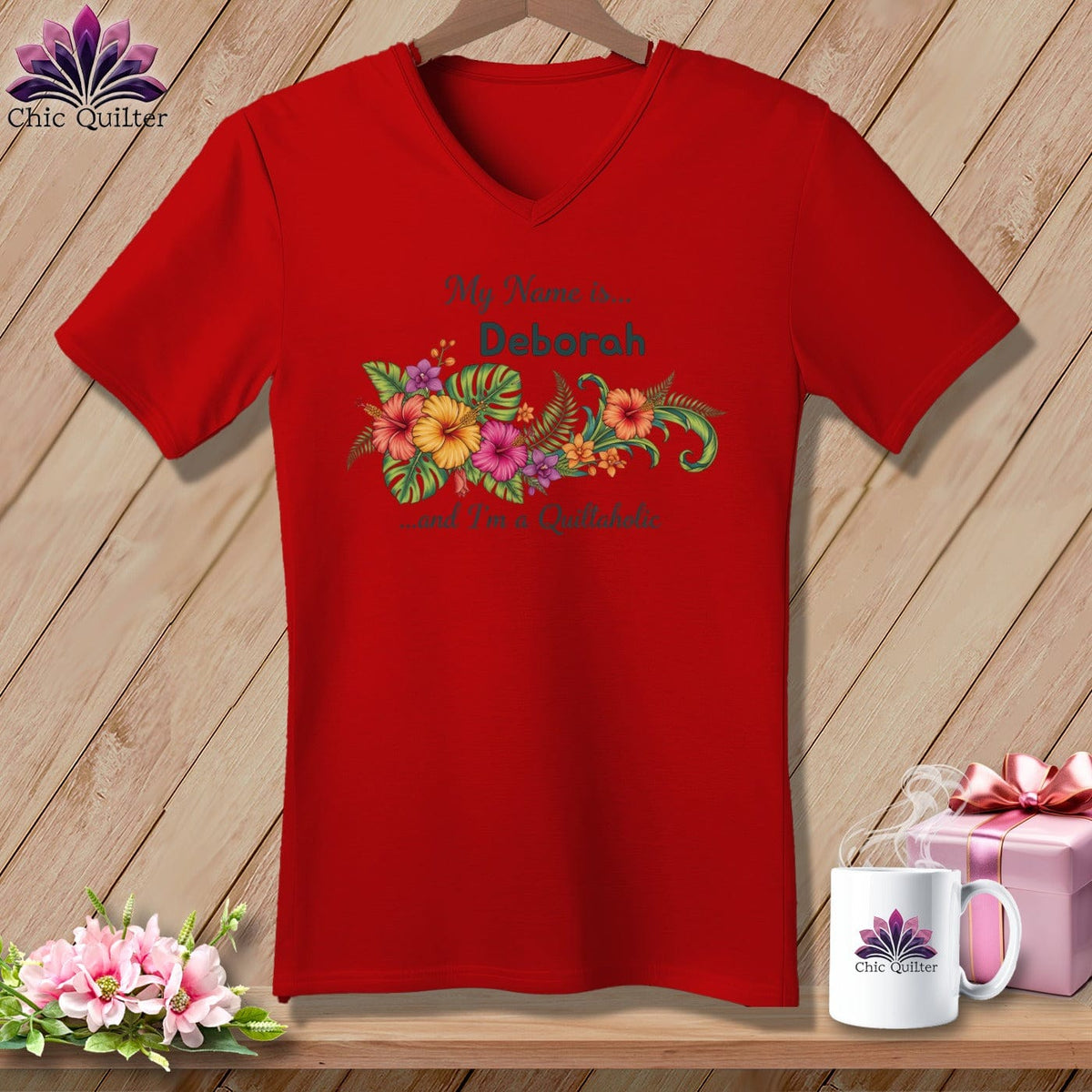 MyDesigns Physical Item M / Red Tropical Paradise Personalized Floral Sweep ~ V-Neck Tee