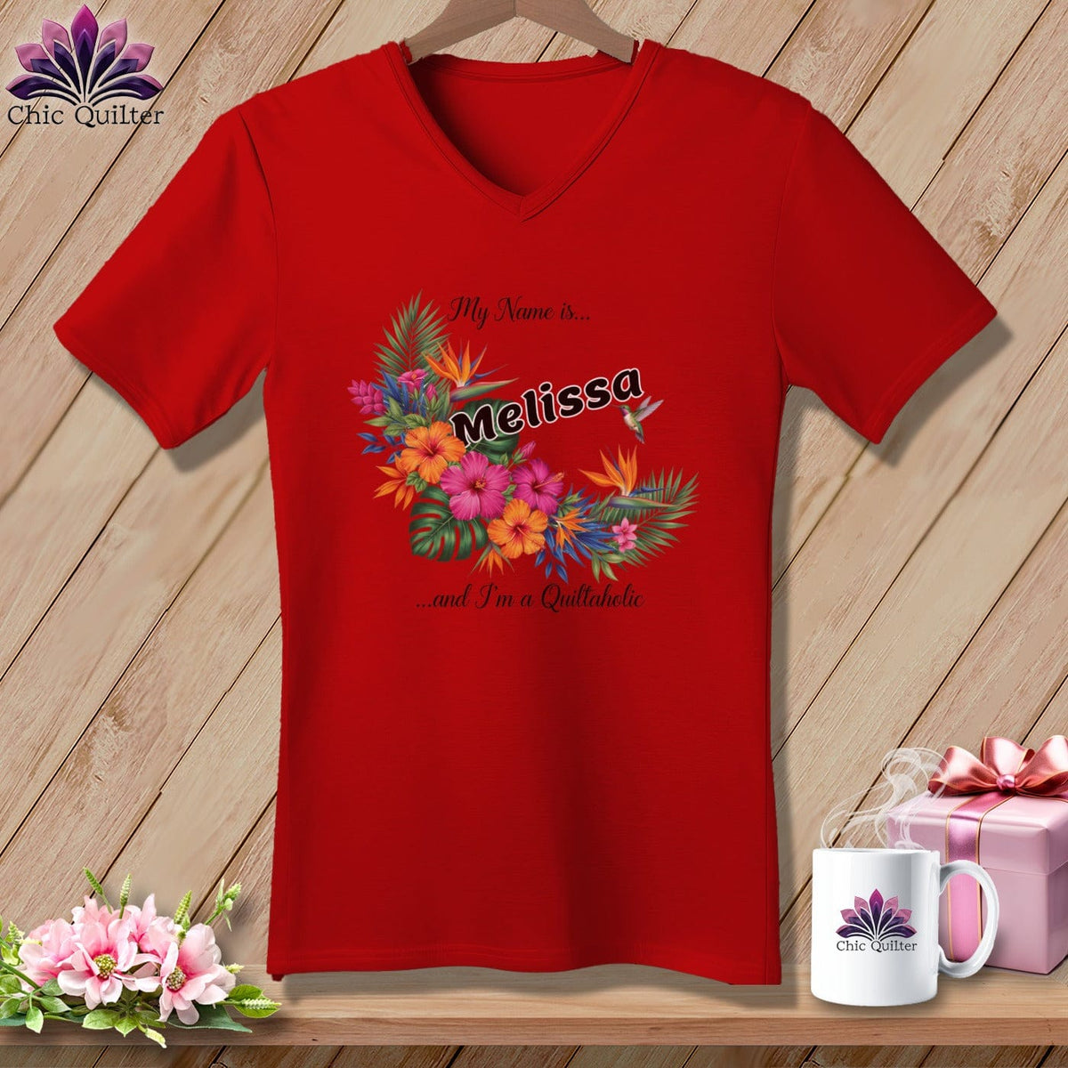 MyDesigns Physical Item M / Red Tropical Threads Quiltaholic ~ V-Neck Tee