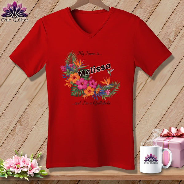 MyDesigns Physical Item M / Red Tropical Threads Quiltaholic ~ V-Neck Tee
