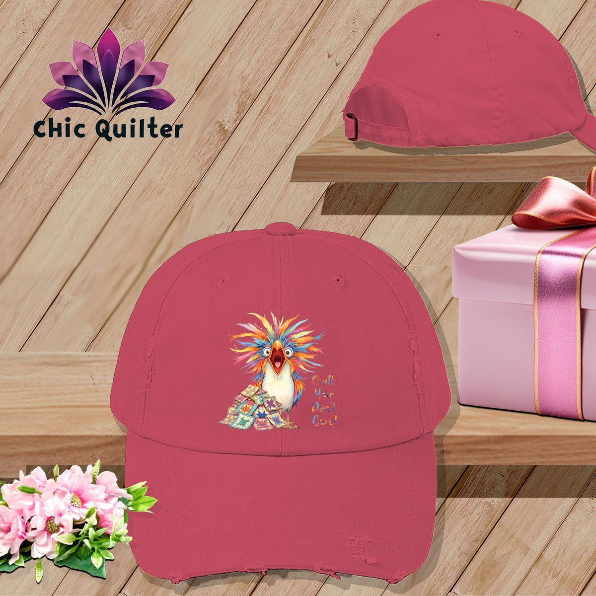MyDesigns Physical Item One size / Dashing Red Quilt Hair Don’t Care ~ Chaos Finch ~ Distressed Baseball Cap