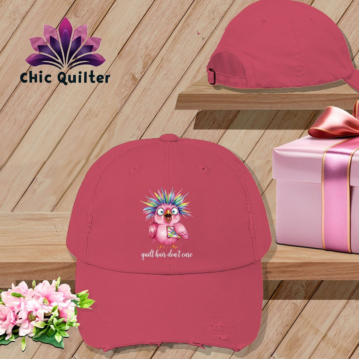 MyDesigns Physical Item One size / Dashing Red Quilt Hair Don’t Care ~ Peaches Plume ~ Distressed Baseball Cap