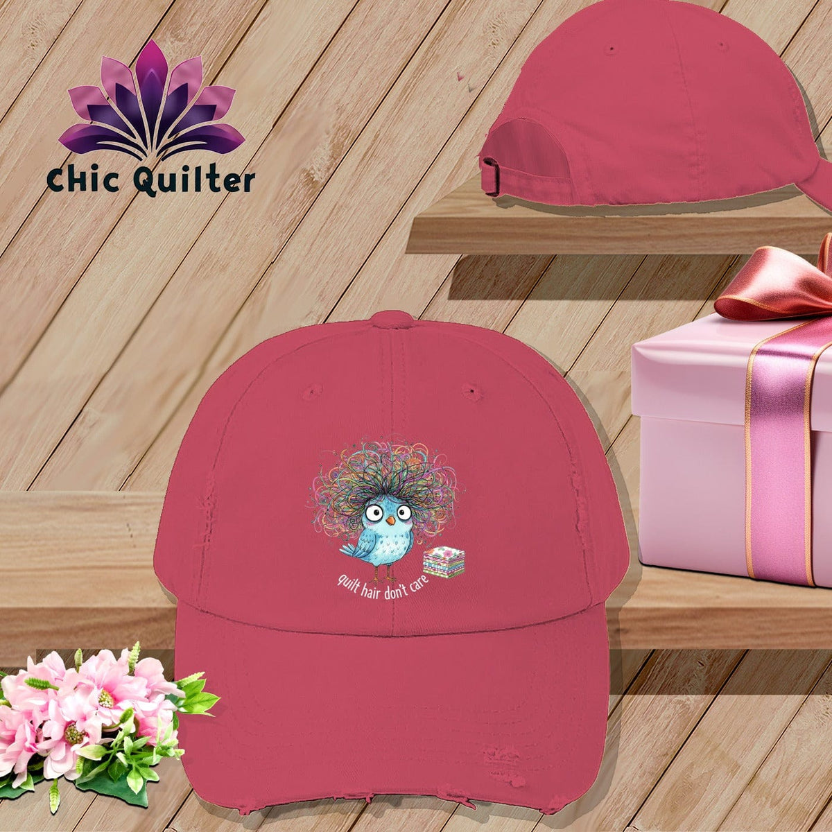 MyDesigns Physical Item One size / Dashing Red Quilt Hair Don’t Care ~ Puffin Bea ~ Distressed Baseball Cap