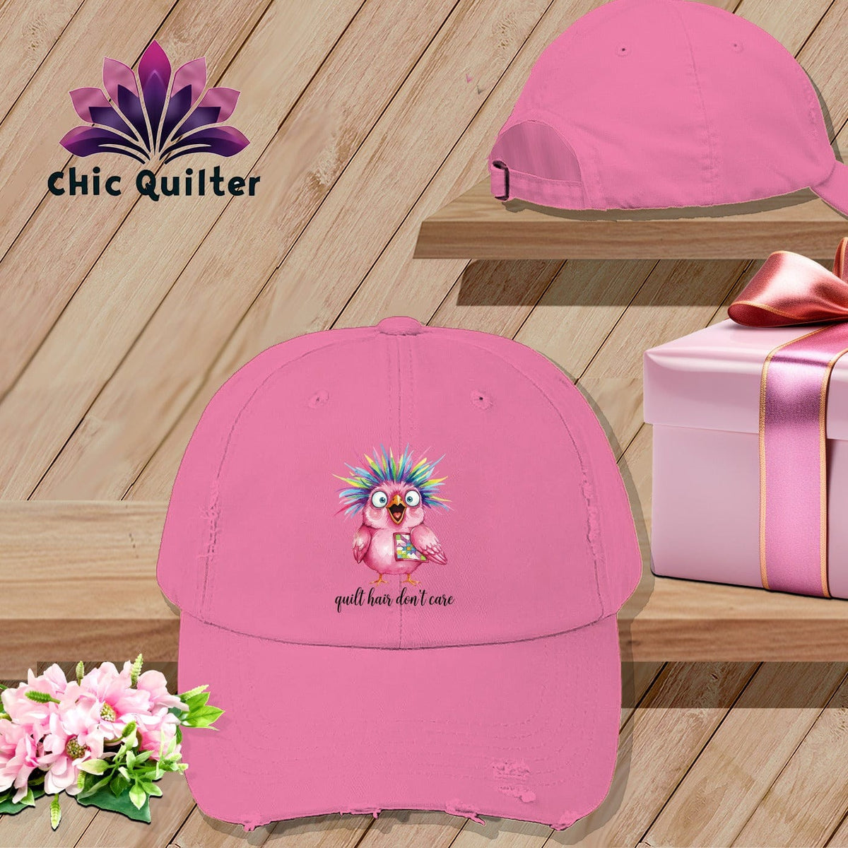 MyDesigns Physical Item One size / True Pink Quilt Hair Don’t Care ~ Peaches Plume ~ Distressed Baseball Cap