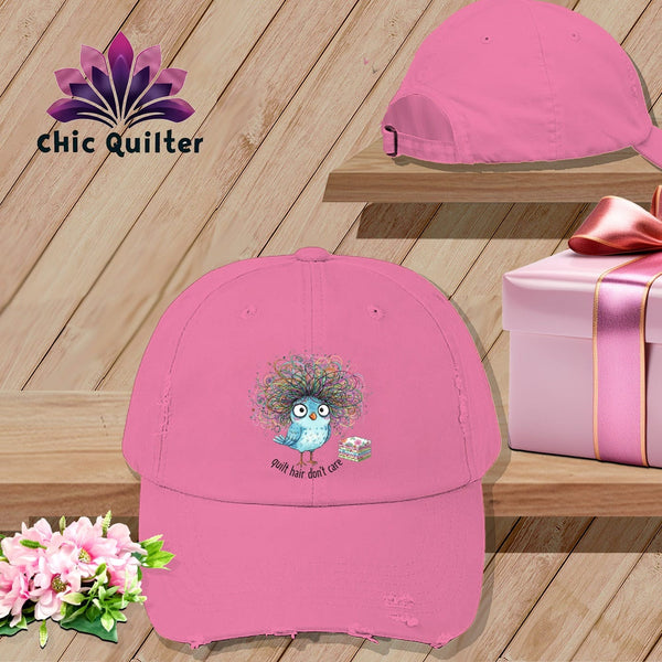 MyDesigns Physical Item One size / True Pink Quilt Hair Don’t Care ~ Puffin Bea ~ Distressed Baseball Cap