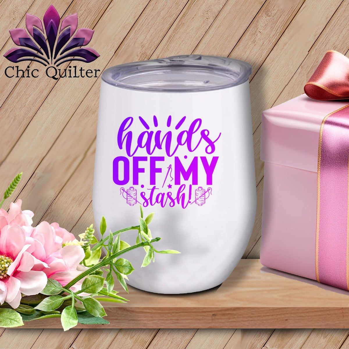 MyDesigns Physical Item Purple Print / White / 12 oz Hands Off My Stash ~ 12oz Wine Tumbler with Lid