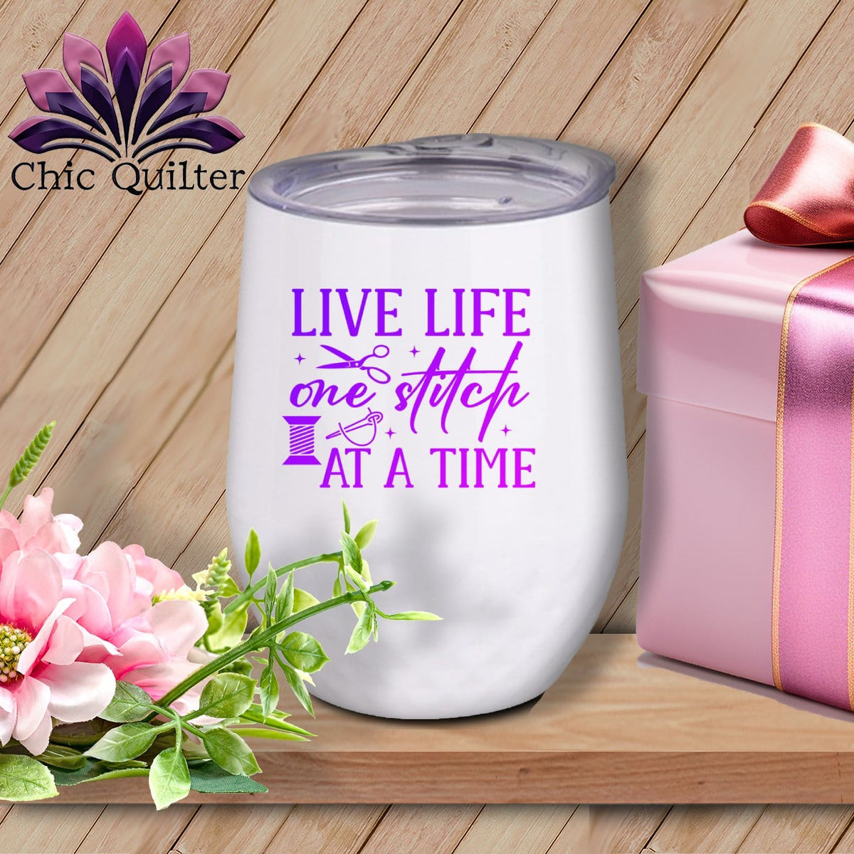 MyDesigns Physical Item Purple Print / White / 12 oz Live Life One Stitch at a Time ~ 12oz Wine Tumbler with Lid