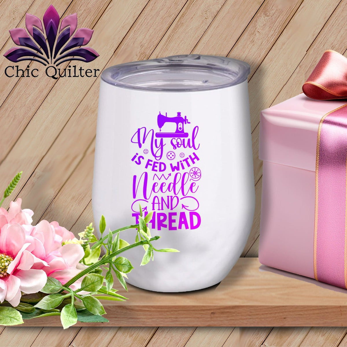 MyDesigns Physical Item Purple Print / White / 12 oz My Soul is Fed with Needle and Thread ~ 12oz Wine Tumbler with Lid