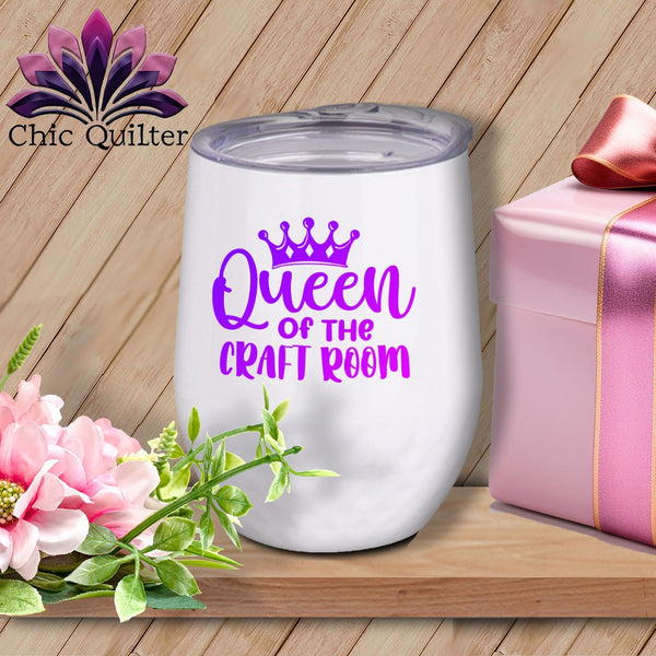 MyDesigns Physical Item Purple Print / White / 12 oz Queen of the Craft Room ~ 12oz Wine Tumbler with Lid