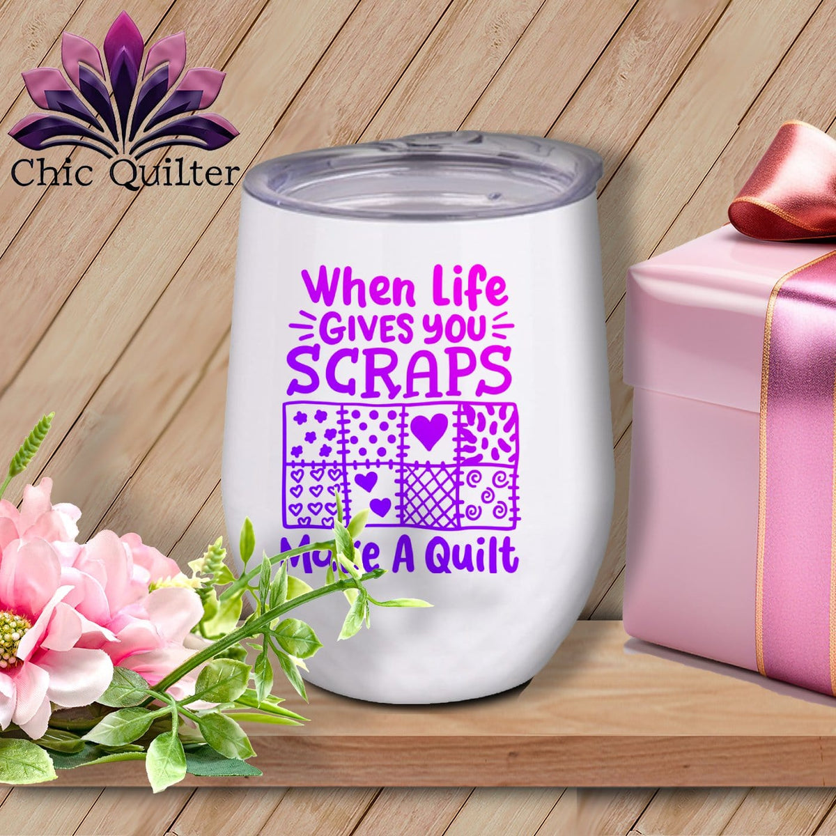 MyDesigns Physical Item Purple Print / White / 12 oz When Life Gives You Scraps ~ 12oz Wine Tumbler with Lid