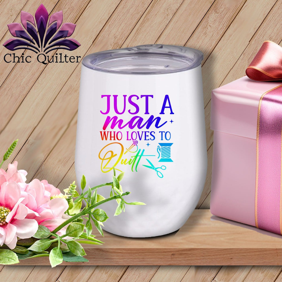 MyDesigns Physical Item Rainbow Print / White / 12 oz Just a Man Who Loves to Quilt ~ 12oz Wine Tumbler with Lid