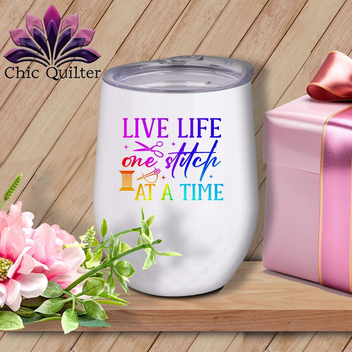 MyDesigns Physical Item Rainbow Print / White / 12 oz Live Life One Stitch at a Time ~ 12oz Wine Tumbler with Lid