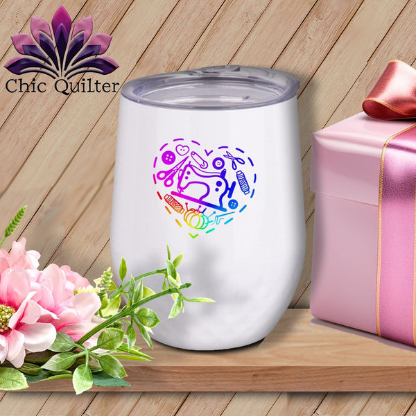 MyDesigns Physical Item Rainbow Print / White / 12 oz Quilting Heart ~ 12oz Wine Tumbler with Lid