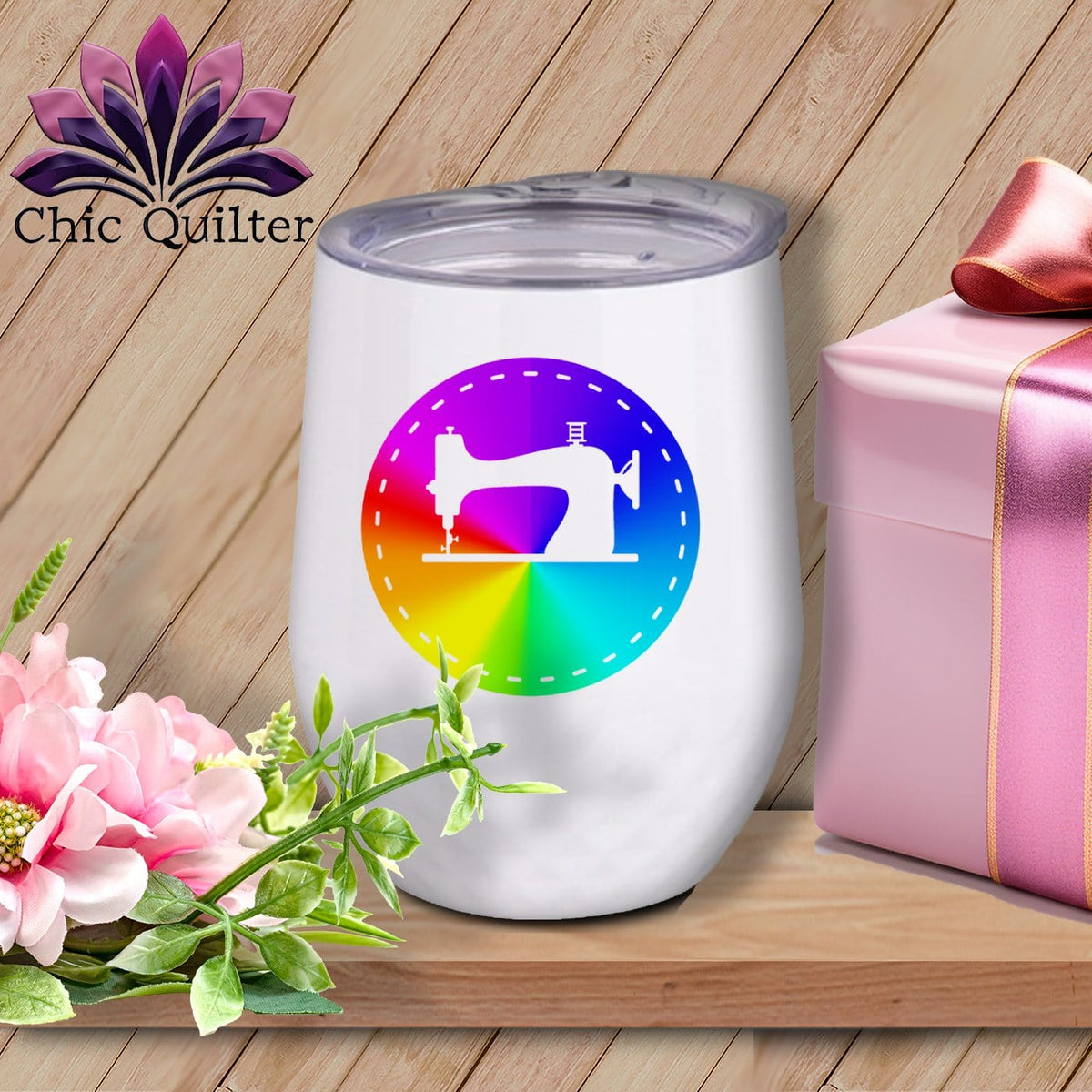 MyDesigns Physical Item Rainbow Print / White / 12 oz Sewing Machine ~ 12oz Wine Tumbler with Lid