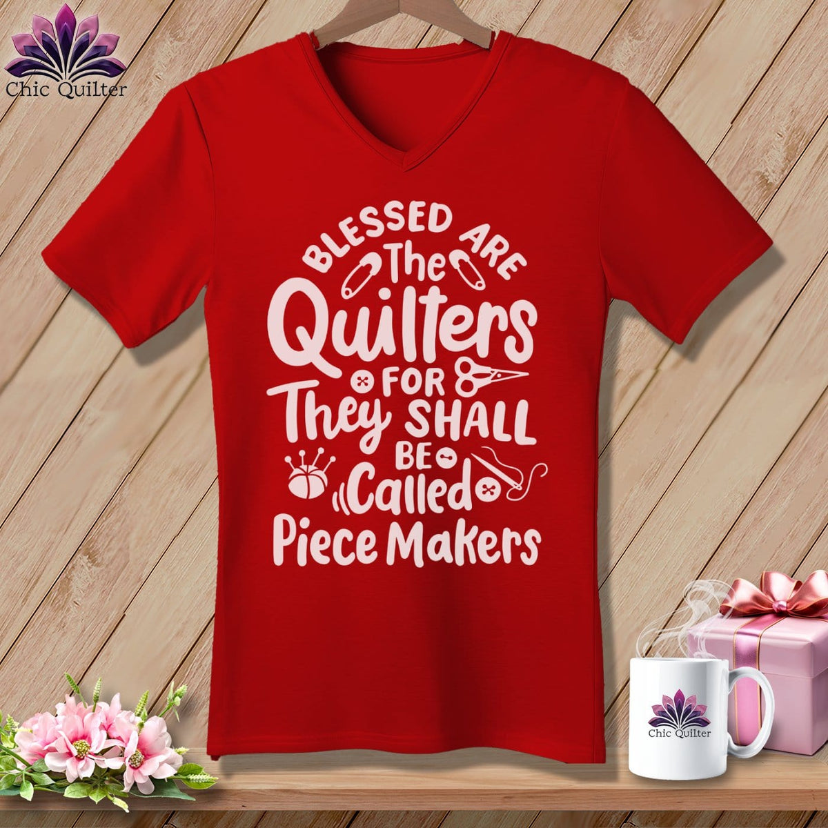 MyDesigns Physical Item Red / S Blessed Are the Quilters For They Shall Be Called Piece Makers ~SuperSoft V-Neck Tee