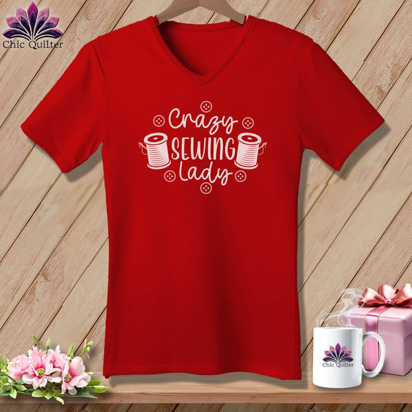 MyDesigns Physical Item Red / S Crazy sewing lady ~SuperSoft V-Neck Tee