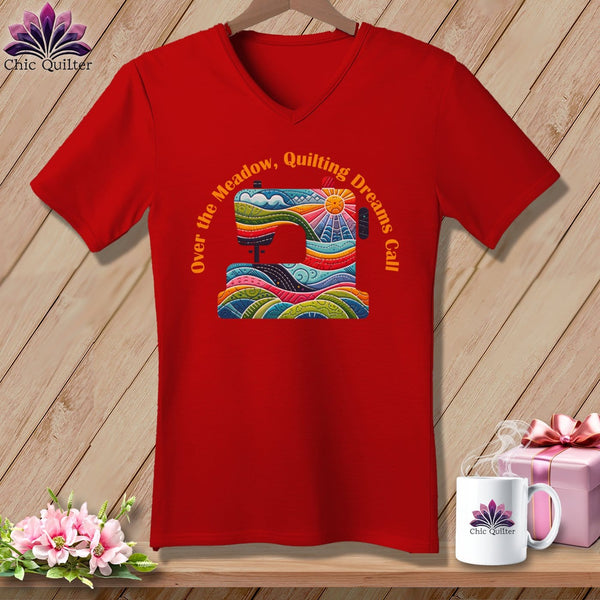 MyDesigns Physical Item Red / S Over the Meadow, Quilting Dreams Call Orange ~ SuperSoft V-Neck Tee