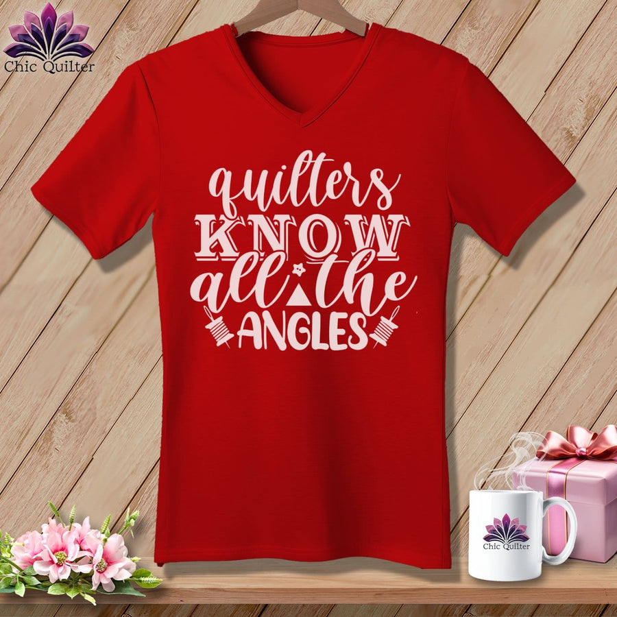 MyDesigns Physical Item Red / S Quilters Know All the Angles ~SuperSoft V-Neck Tee
