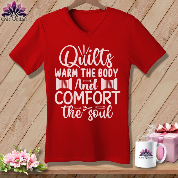 MyDesigns Physical Item Red / S Quilts Warm the Body and Comfort the soul ~SuperSoft V-Neck Tee