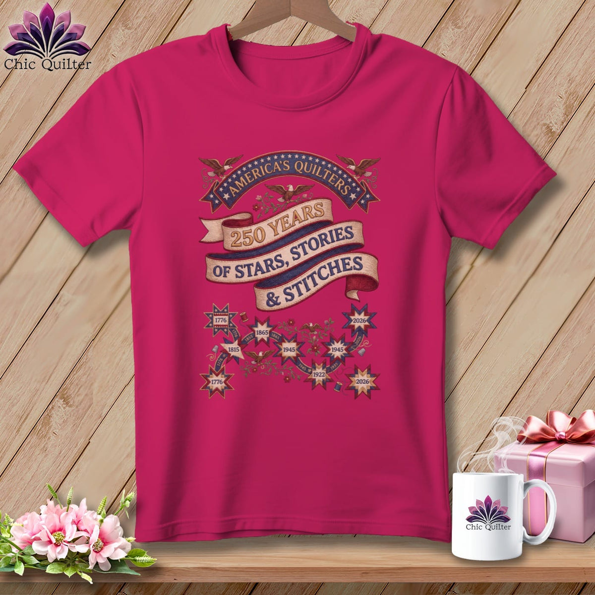 MyDesigns Physical Item S / Berry America's Quilters 250 Years of Stars Stories & Stitches Patriotic Quilting ~ Relaxed Fit Tee
