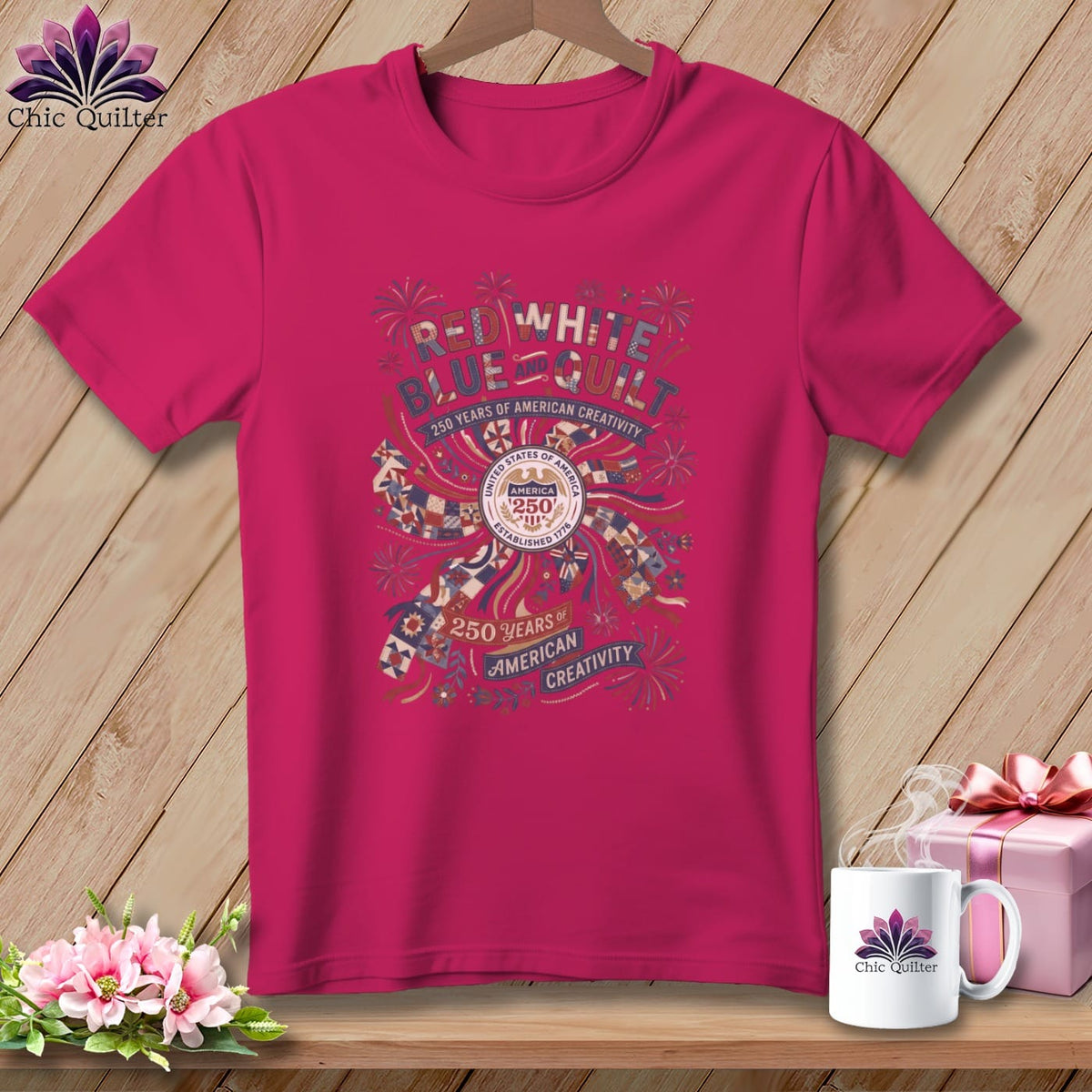 MyDesigns Physical Item S / Berry Red White Blue and Quilt 250 Years of American Creativity Patriotic Quilte ~ Relaxed Fit Teer Tee