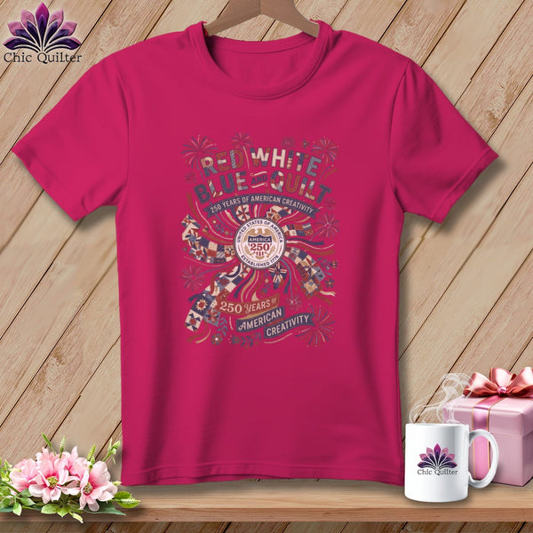 MyDesigns Physical Item S / Berry Red White Blue and Quilt 250 Years of American Creativity Patriotic Quilte ~ Relaxed Fit Teer Tee