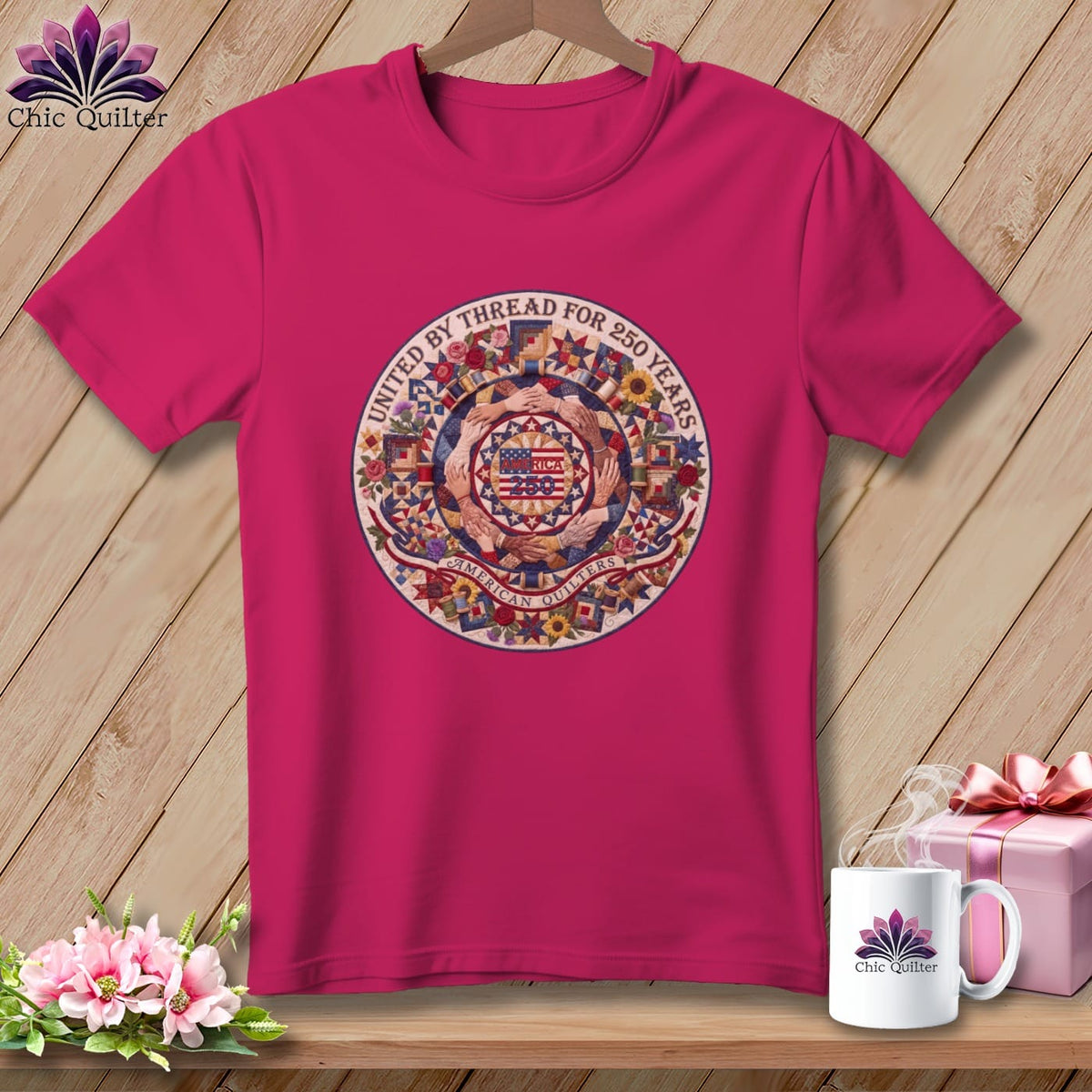 MyDesigns Physical Item S / Berry United By Thread For 250 Years American Quilters America 250 ~ Relaxed Fit Tee
