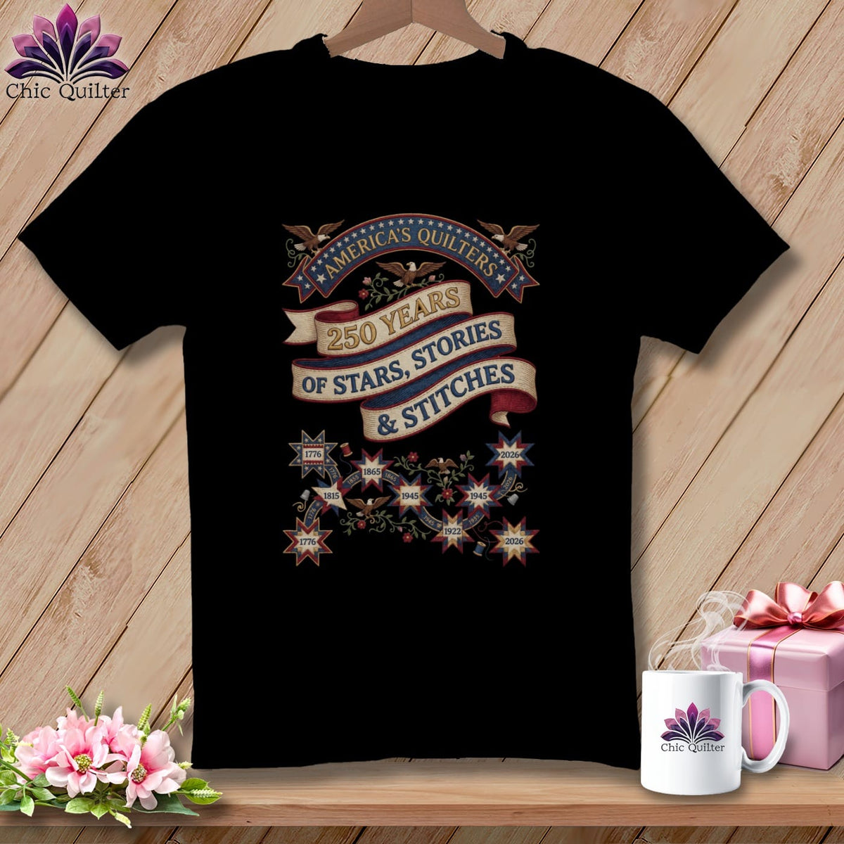 MyDesigns Physical Item S / Black America's Quilters 250 Years of Stars Stories & Stitches Patriotic Quilting ~ Relaxed Fit Tee