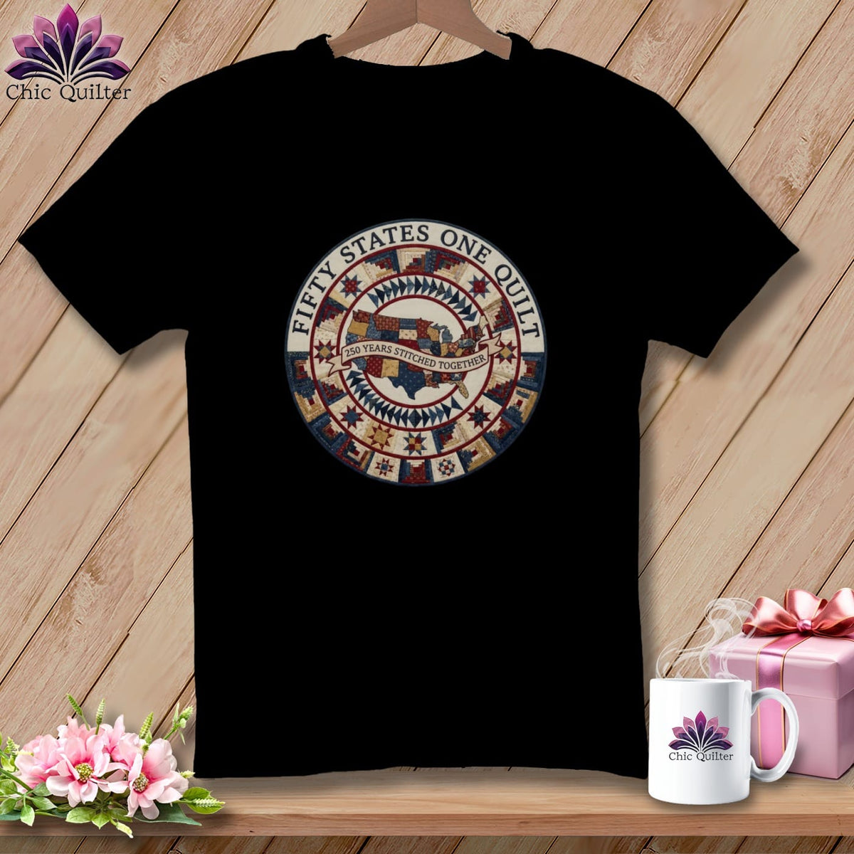 MyDesigns Physical Item S / Black Fifty States One Quilt ~ 250 Years Stitched Together Quilter ~ Relaxed Fit Tee