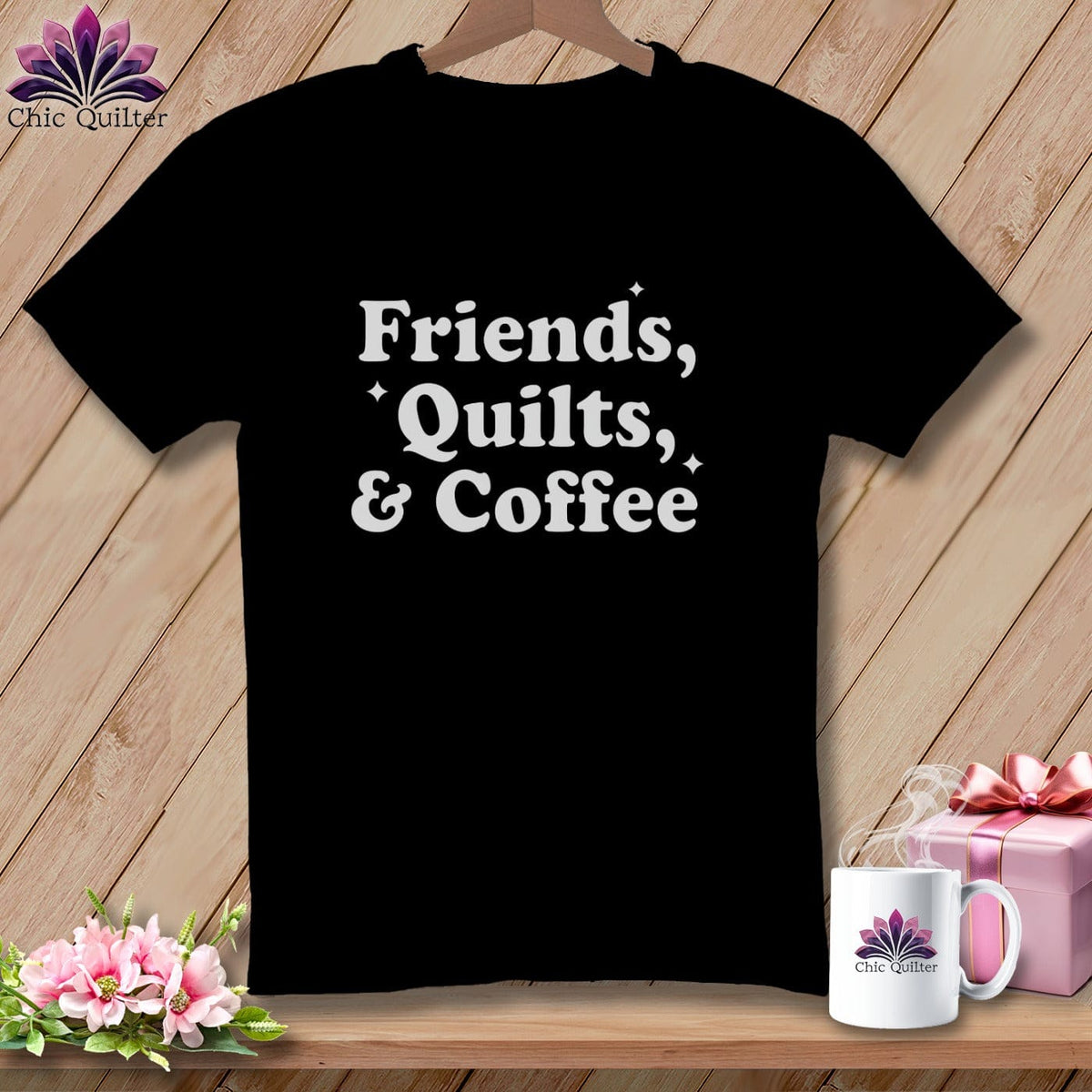 MyDesigns Physical Item S / Black Friends, Quilts & Coffee ~ Relaxed Fit Tee