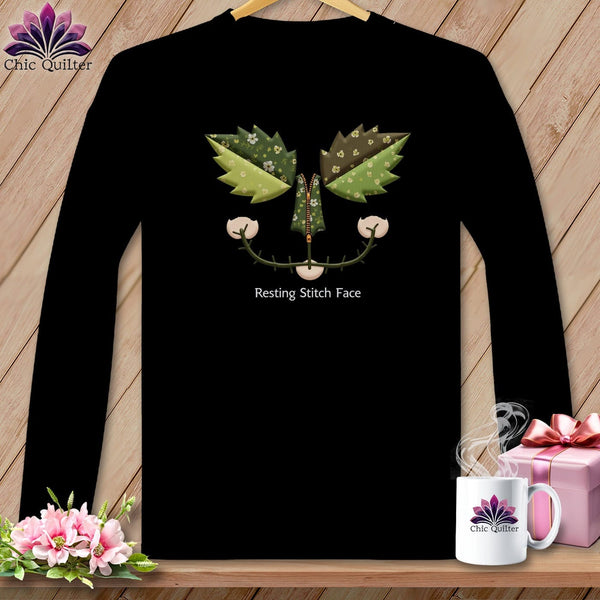 MyDesigns Physical Item S / Black Garden Stitch -  Resting Stitch Face Graphic Design ~ Long Sleeve T-Shirt