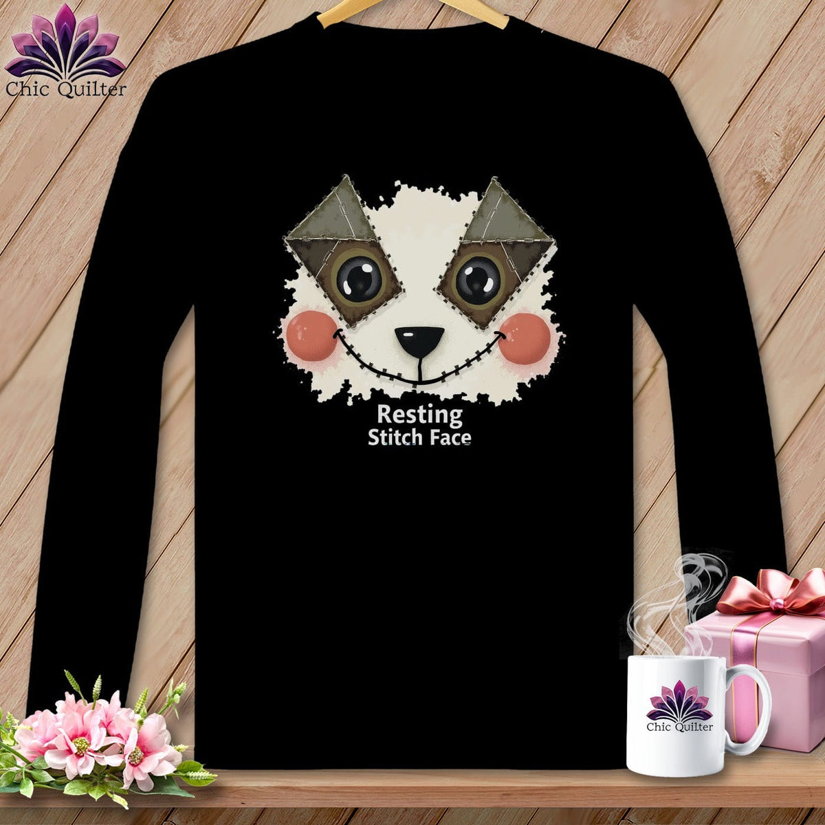 MyDesigns Physical Item S / Black Patchwork Cheek - Resting Stitch Face ~ Long Sleeve T-Shirt