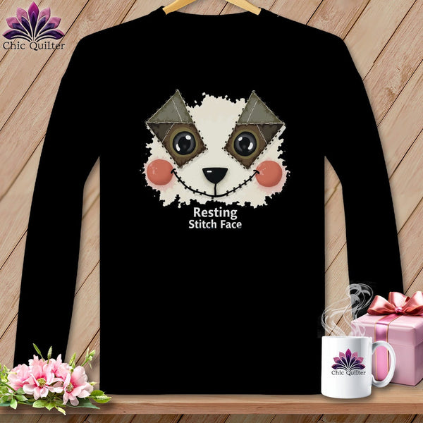 MyDesigns Physical Item S / Black Patchwork Cheek - Resting Stitch Face ~ Long Sleeve T-Shirt