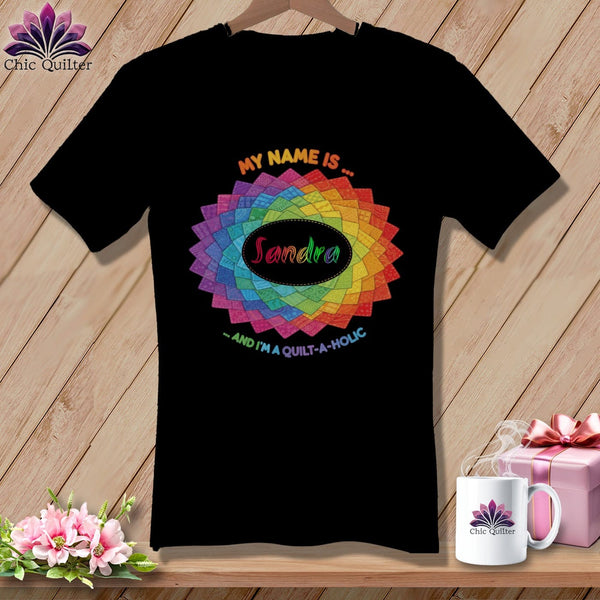 MyDesigns Physical Item S / Black Personalized Rainbow Quilt Spiral ~ V-Neck Tee