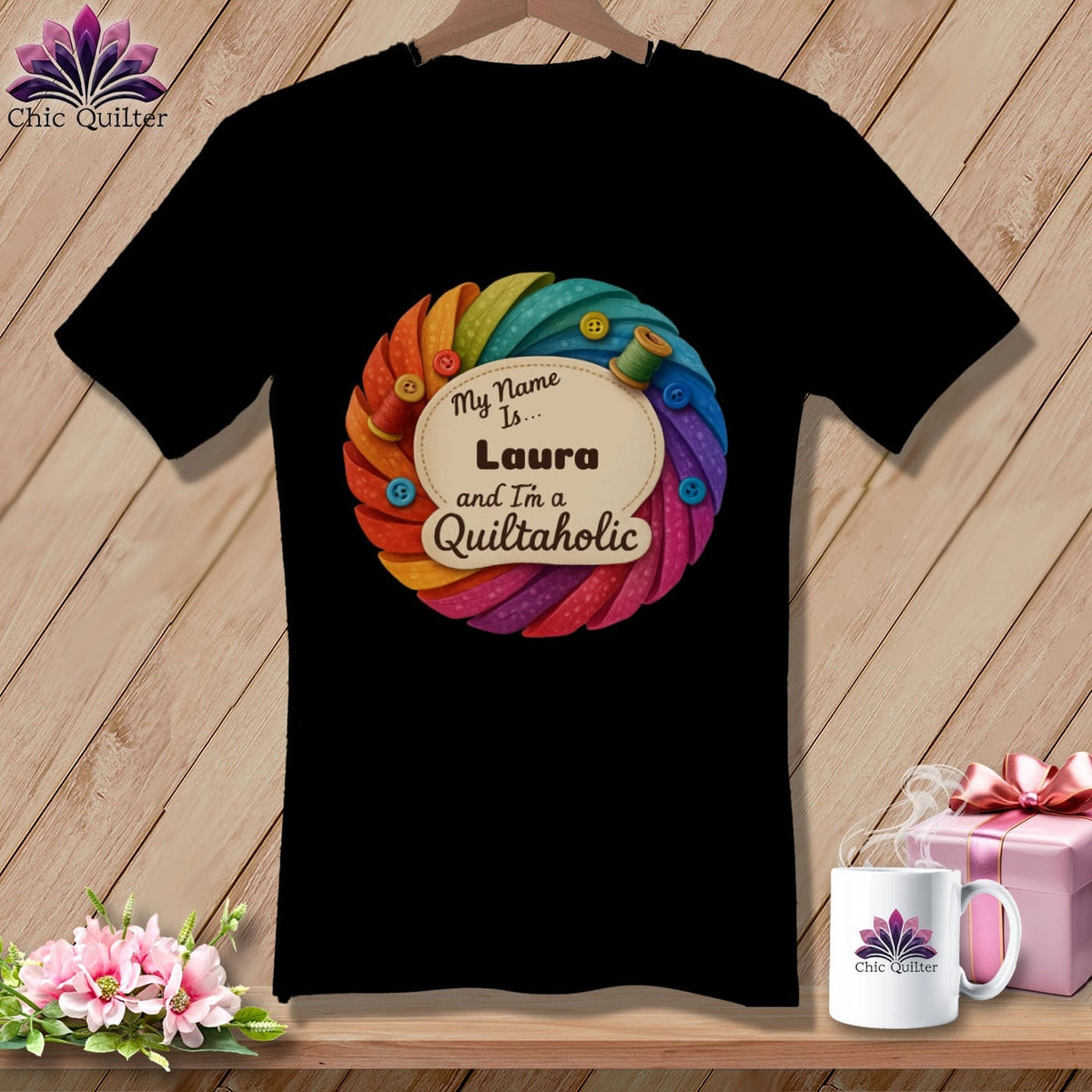 MyDesigns Physical Item S / Black Rainbow Personalized Curves & Button Bloom ~ V-Neck Tee