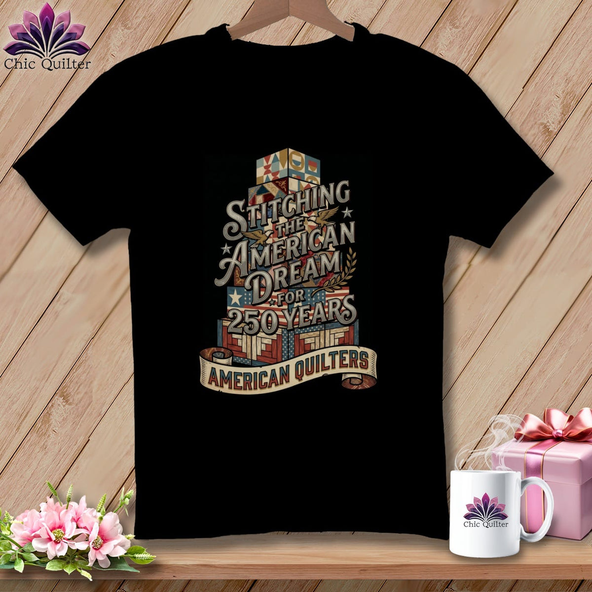 MyDesigns Physical Item S / Black Stitching the American Dream for 250 Years Quilter ~ Relaxed Fit Tee