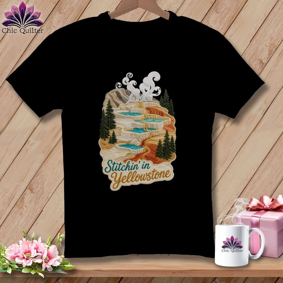 MyDesigns Physical Item S / Black Yellowstone National Park ~ Hot Springs Pools, Stitchin in ~ Relaxed Fit Tee