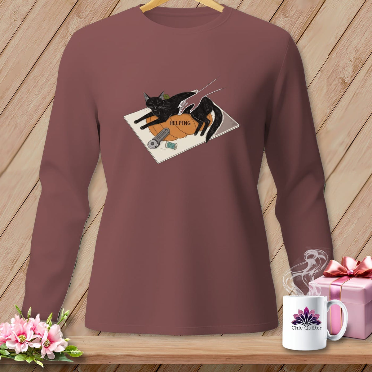 MyDesigns Physical Item S / Brick HELPING ~ Cat on the Cutting Mat ~ Long Sleeve Tee