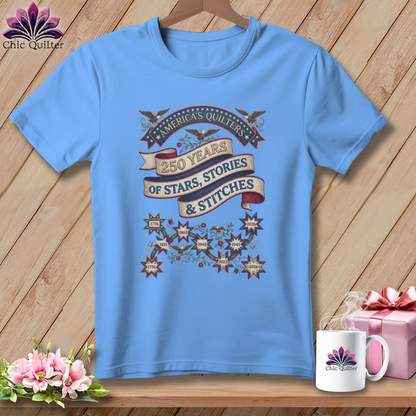 MyDesigns Physical Item S / Carolina Blue America's Quilters 250 Years of Stars Stories & Stitches Patriotic Quilting ~ Relaxed Fit Tee