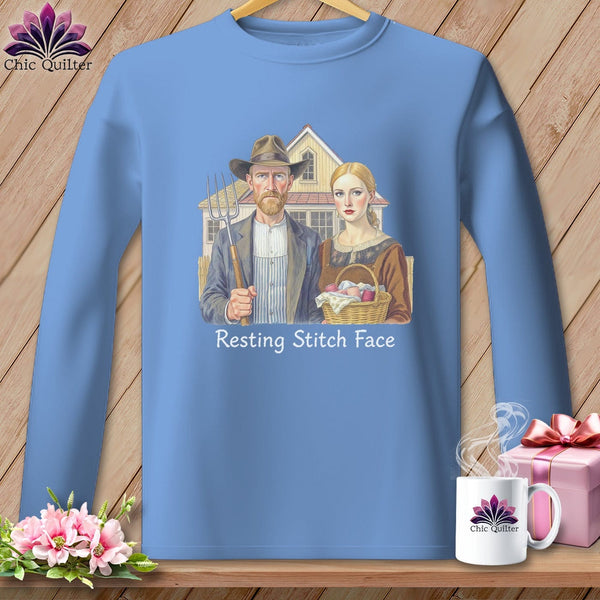 MyDesigns Physical Item S / Carolina Blue American Gothic Seamstress - Resting Stitch Face ~ Long Sleeve Tee