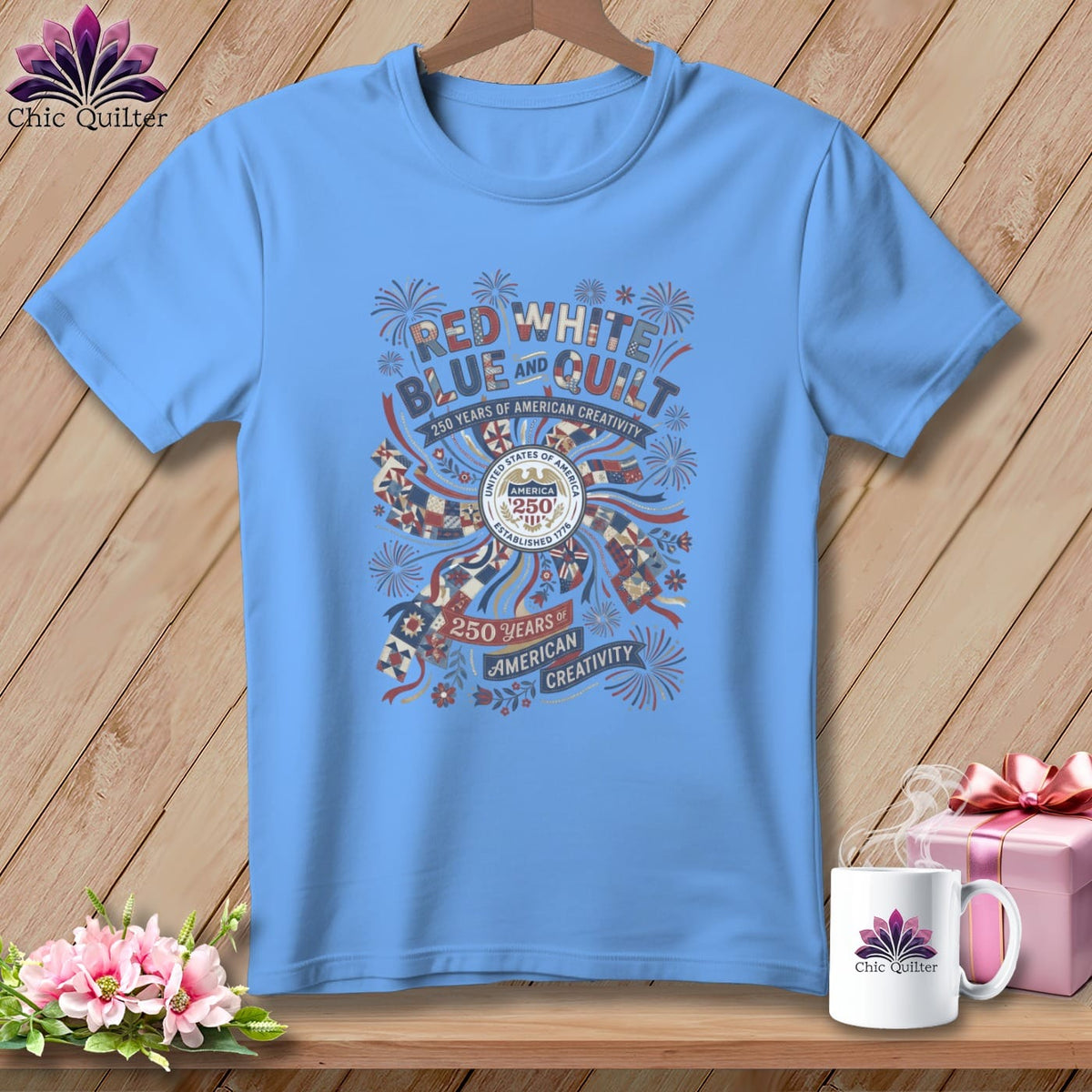 MyDesigns Physical Item S / Carolina Blue Red White Blue and Quilt 250 Years of American Creativity Patriotic Quilte ~ Relaxed Fit Teer Tee