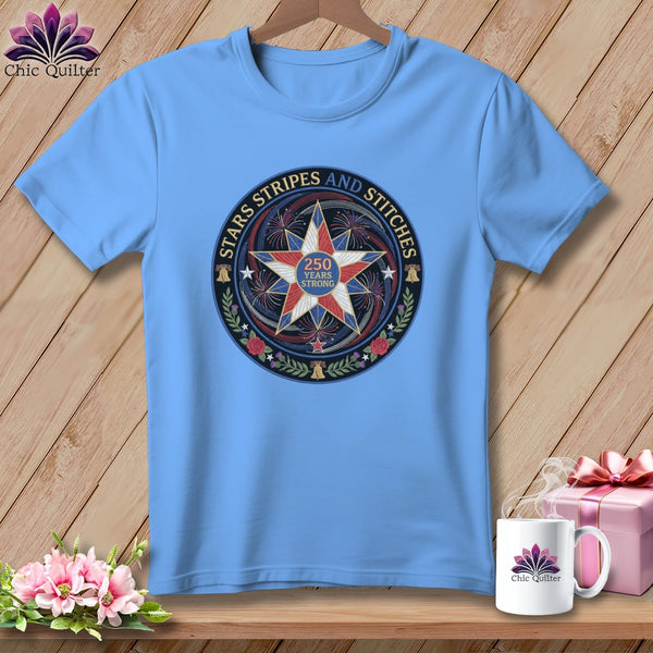 MyDesigns Physical Item S / Carolina Blue Stars Stripes and Stitches 250 Years Strong Quilter ~ Relaxed Fit Tee