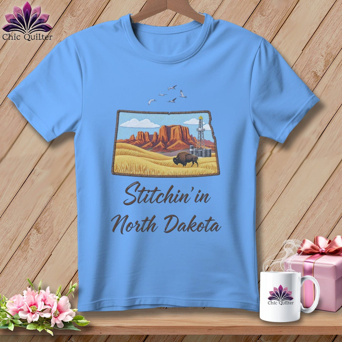 MyDesigns Physical Item S / Carolina Blue Stitchin' in North Dakota ~ Relaxed Fit Tee