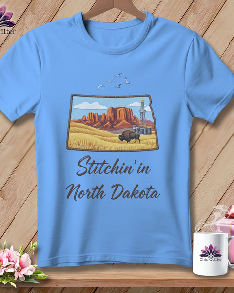 MyDesigns Physical Item S / Carolina Blue Stitchin' in North Dakota ~ Relaxed Fit Tee