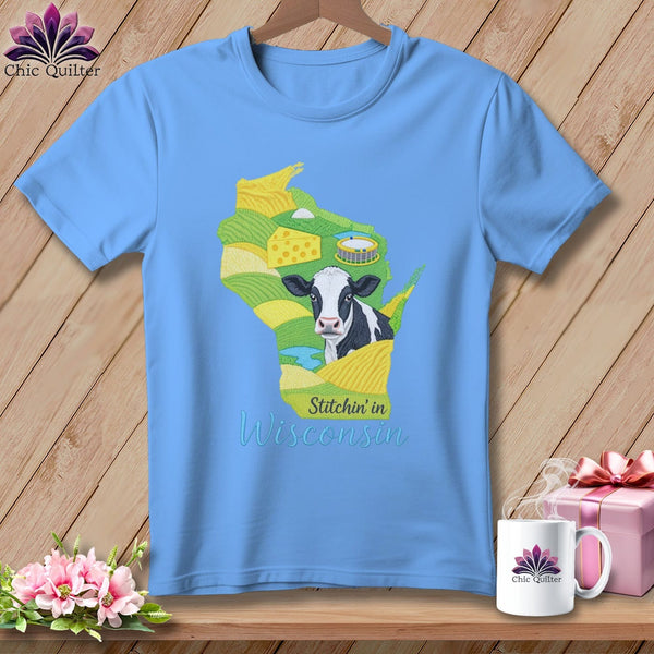 MyDesigns Physical Item S / Carolina Blue Stitchin' in Wisconsin ~ Relaxed Fit Tee