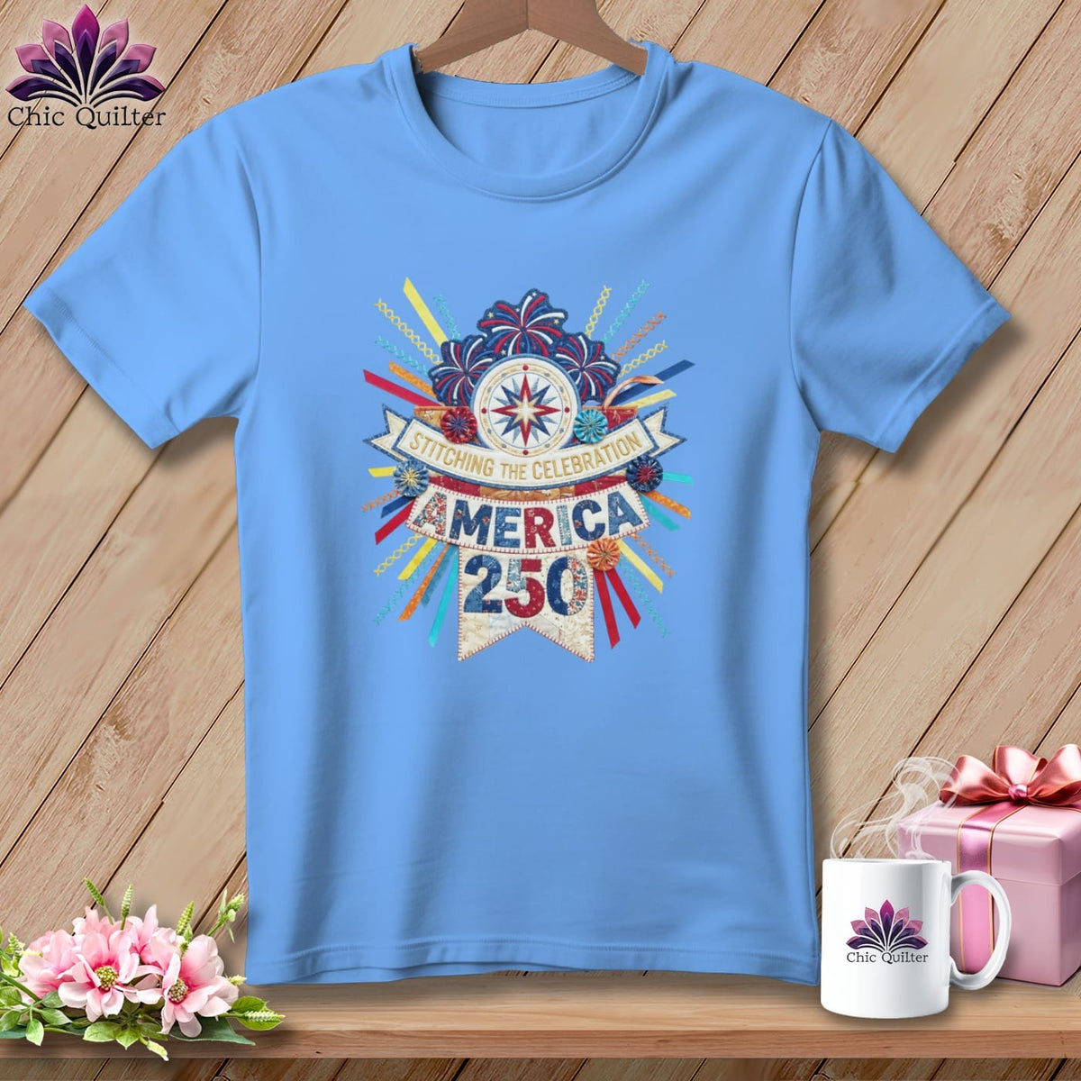 MyDesigns Physical Item S / Carolina Blue Stitching The Celebration America 250 Quilter ~ Relaxed Fit Tee