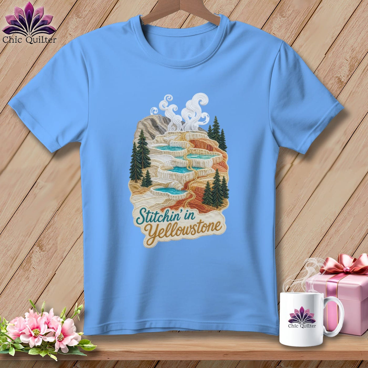 MyDesigns Physical Item S / Carolina Blue Yellowstone National Park ~ Hot Springs Pools, Stitchin in ~ Relaxed Fit Tee