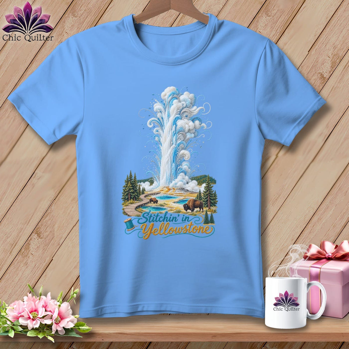 MyDesigns Physical Item S / Carolina Blue Yellowstone National Park ~ Old Faithful, Stitchin in ~ Relaxed Fit Tee