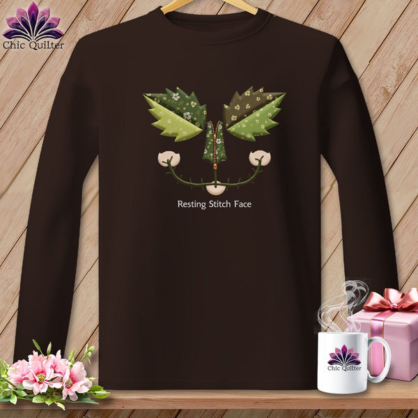 MyDesigns Physical Item S / Dark Chocolate Garden Stitch -  Resting Stitch Face Graphic Design ~ Long Sleeve T-Shirt