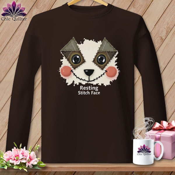 MyDesigns Physical Item S / Dark Chocolate Patchwork Cheek - Resting Stitch Face ~ Long Sleeve T-Shirt