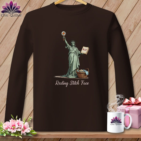 MyDesigns Physical Item S / Dark Chocolate Quilter of Liberty - Resting Stitch Face ~ Long Sleeve T-Shirt